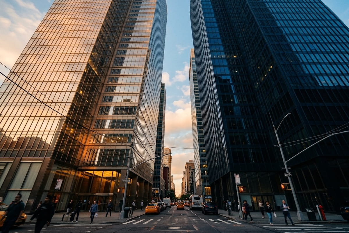 Glass skyscrapers lining a busy urban street at sunset, with yellow taxis and pedestrians at a crosswalk 