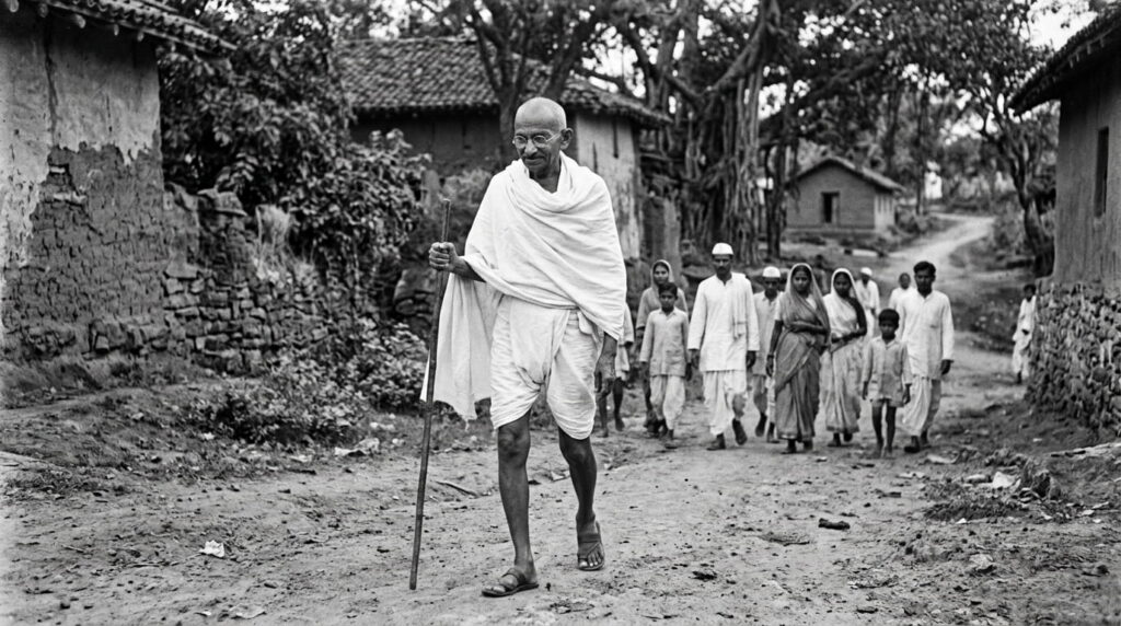 A black and white historical photograph of Mahatma Gandhi (1869–1948) walking along a rural dirt path in India, wearing his characteristic white dhoti and sandals, holding a wooden walking stick. A group of followers walks behind him, with modest village buildings and trees visible in the background.