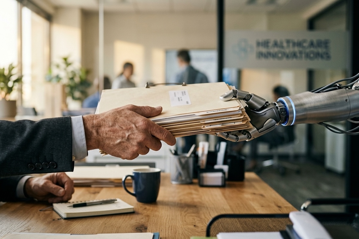 A robotic arm handing a stack of file folders to a human hand across an office desk, with a 'Healthcare Innovations' sign visible in the background — symbolizing the collaboration between artificial intelligence and human professionals in a legal or healthcare setting.