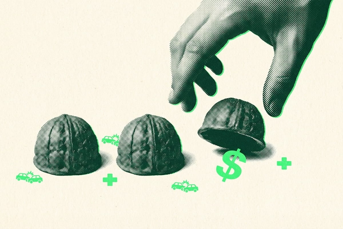 A graphic illustration of a shell game featuring three walnut shells, with a hand lifting one to reveal a green dollar sign underneath. Small green icons of car crashes and medical crosses are scattered between the shells.