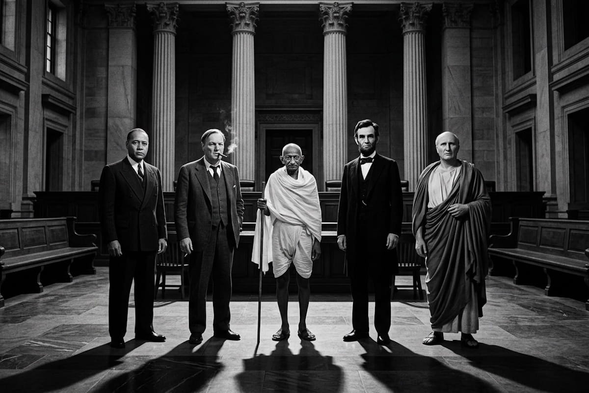 A dramatic black and white image of five historically significant figures standing in a grand courtroom with tall marble columns. From left to right: Thurgood Marshall, an unidentified man in a suit smoking a cigarette, Mahatma Gandhi in traditional white dhoti holding a walking stick, Abraham Lincoln in his signature black suit and bow tie, and a figure in ancient Roman robes, likely Cicero. The subjects cast long shadows on the marble floor, conveying a sense of gravity and legacy.