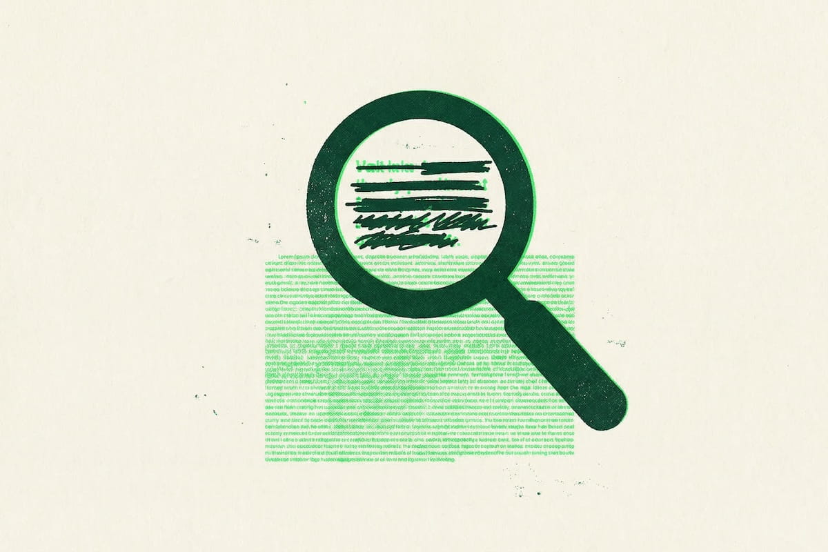 A graphic illustration of a large dark green magnifying glass hovering over a page of dense green text, with several lines of text crossed out inside the lens — symbolizing hidden or buried fine print in a legal document.