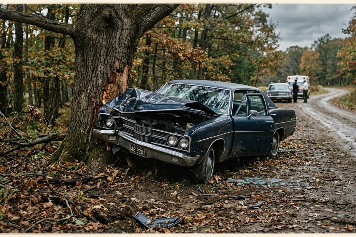 A heavily damaged dark blue vintage sedan crashed into a large tree on a muddy rural road surrounded by autumn foliage. The front of the vehicle is severely crumpled with the hood buckled and the windshield shattered. An ambulance and emergency responders are visible in the background on the dirt road.