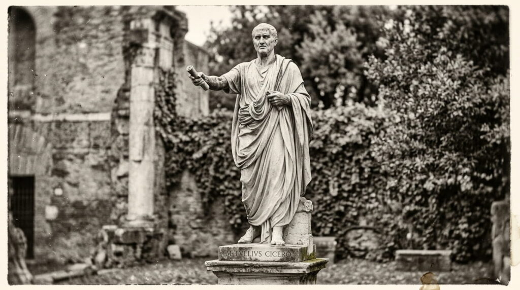 A sepia-toned photograph of a marble statue of Marcus Tullius Cicero (106–43 BC) standing on a stone pedestal inscribed with his name. The statue depicts him in a Roman toga with one arm outstretched and the other holding a scroll, set against a backdrop of ancient ruins and ivy-covered walls in Rome.