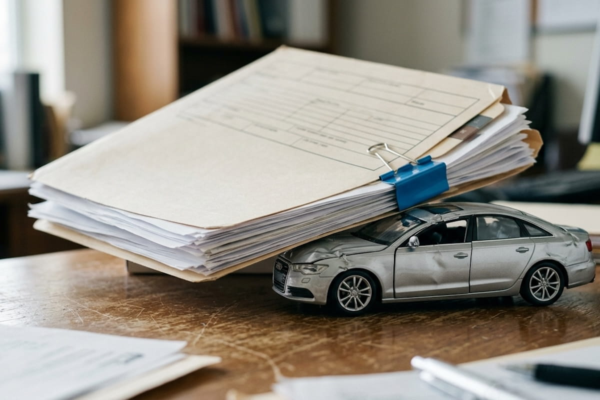 A damaged silver toy car model sitting on a wooden desk with a large stack of legal or insurance documents held together by a blue binder clip resting on top of it — symbolizing the paperwork and legal burden that follows a car accident.