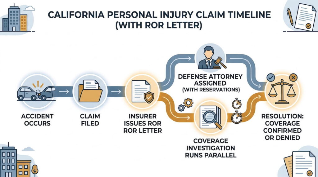 An infographic titled 'California Personal Injury Claim Timeline (With ROR Letter)' illustrating a five-step process. The timeline flows from left to right: Accident Occurs, Claim Filed, Insurer Issues ROR Letter, then splits into two parallel paths — Defense Attorney Assigned (With Reservations) and Coverage Investigation Runs Parallel — before converging at Resolution: Coverage Confirmed or Denied. Each step is represented by an icon, including a car collision, a file folder, a document with a shield, a judge with a gavel, a magnifying glass, and a balance scale.