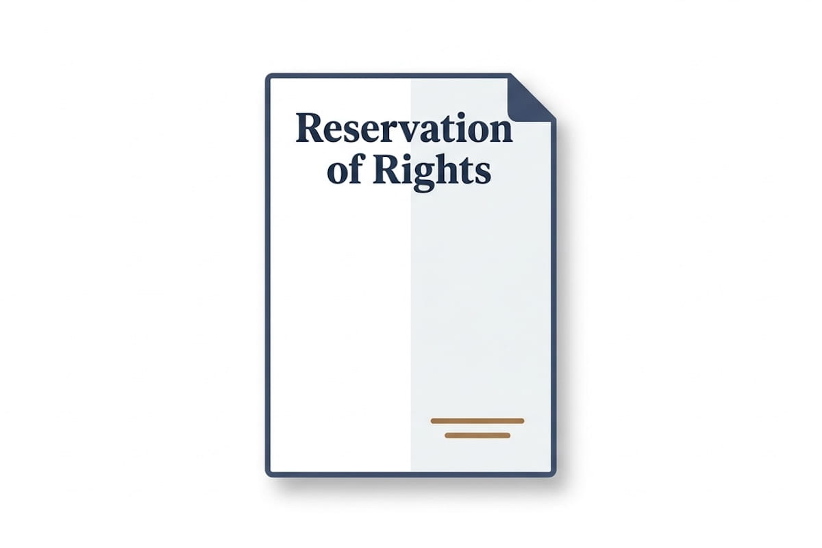 An illustration of a legal document titled 'Reservation of Rights,' depicted as a flat-style icon with a navy blue border and a folded corner, representing a formal insurance letter sent during a claim investigation.