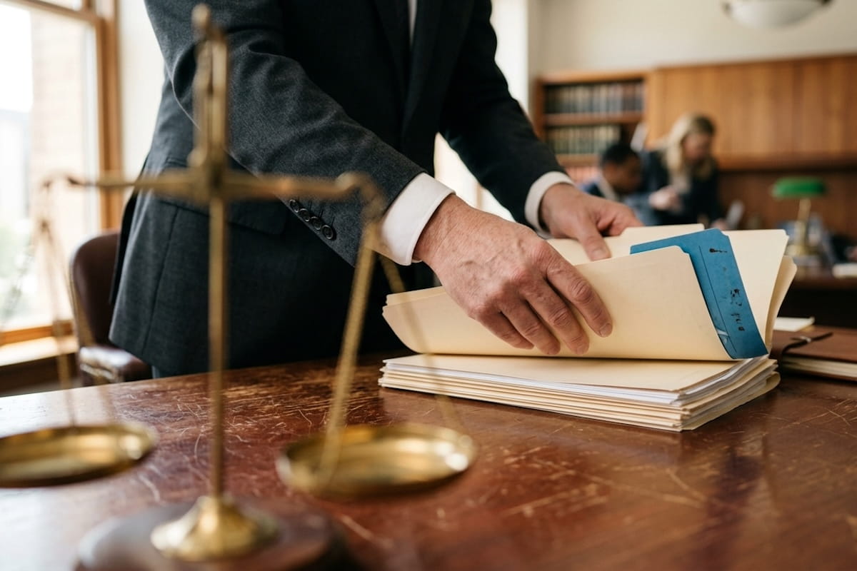 Personal injury attorney sorting through legal case files at a wooden desk with a gold scales of justice in the foreground