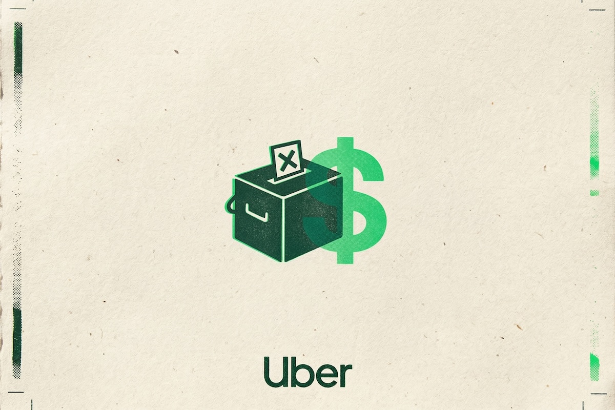 A graphic illustration featuring a dark green ballot box with a voting card inserted into the slot, overlaid with a large green dollar sign, and the word 'Uber' printed below 