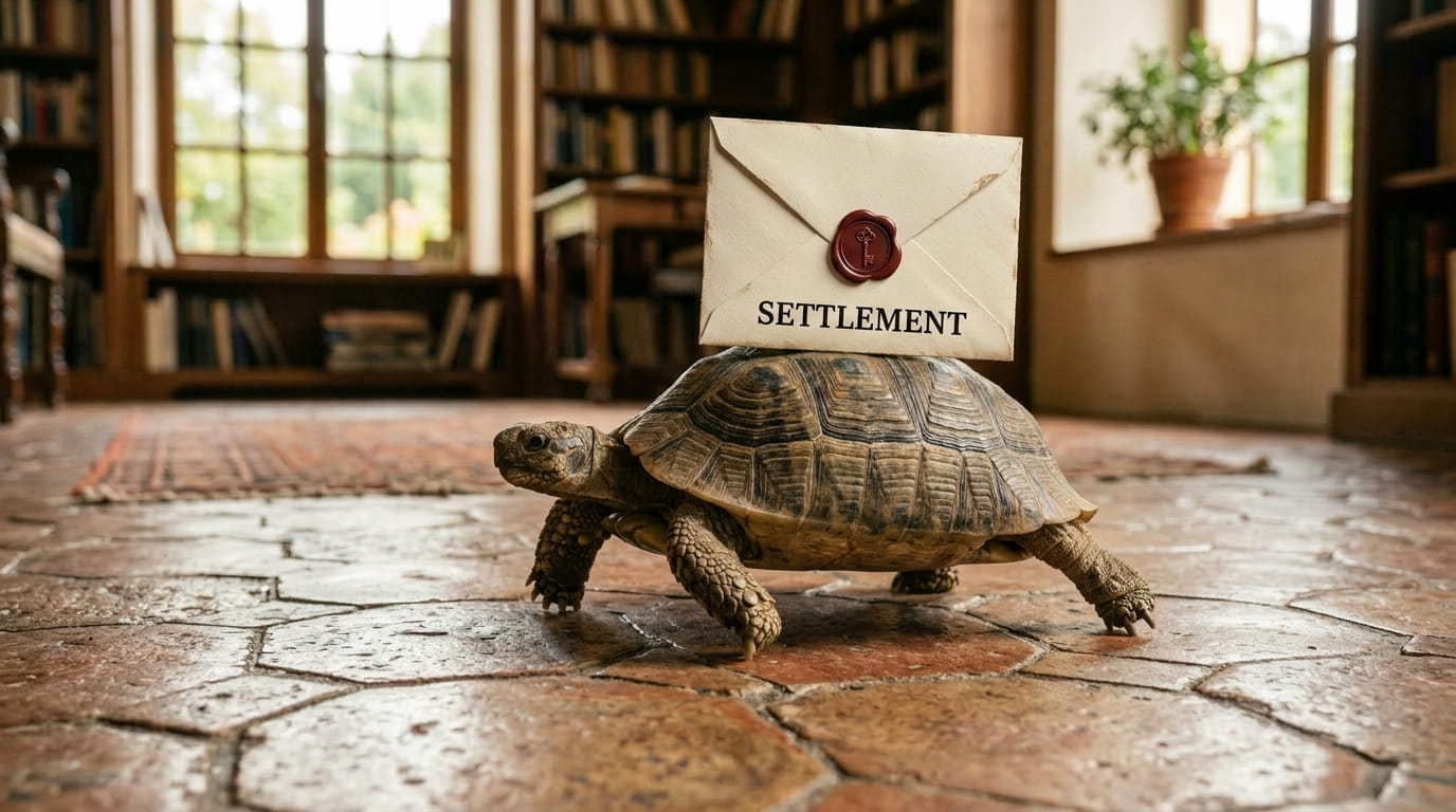 Tortoise carrying a sealed envelope labeled "Settlement" illustrating a slow car accident settlement process.