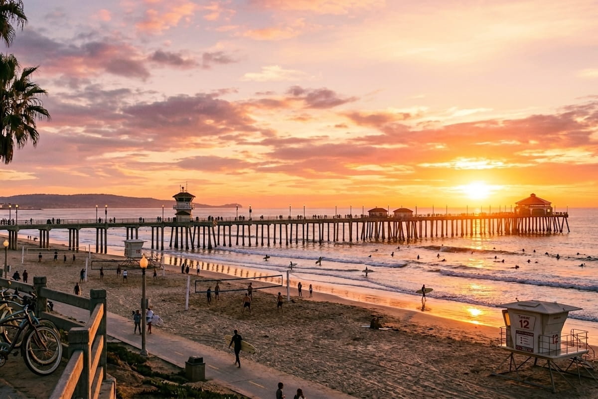Huntington Beach pier at sunset with beachgoers surfers and a lifeguard tower representing Orange County, California.