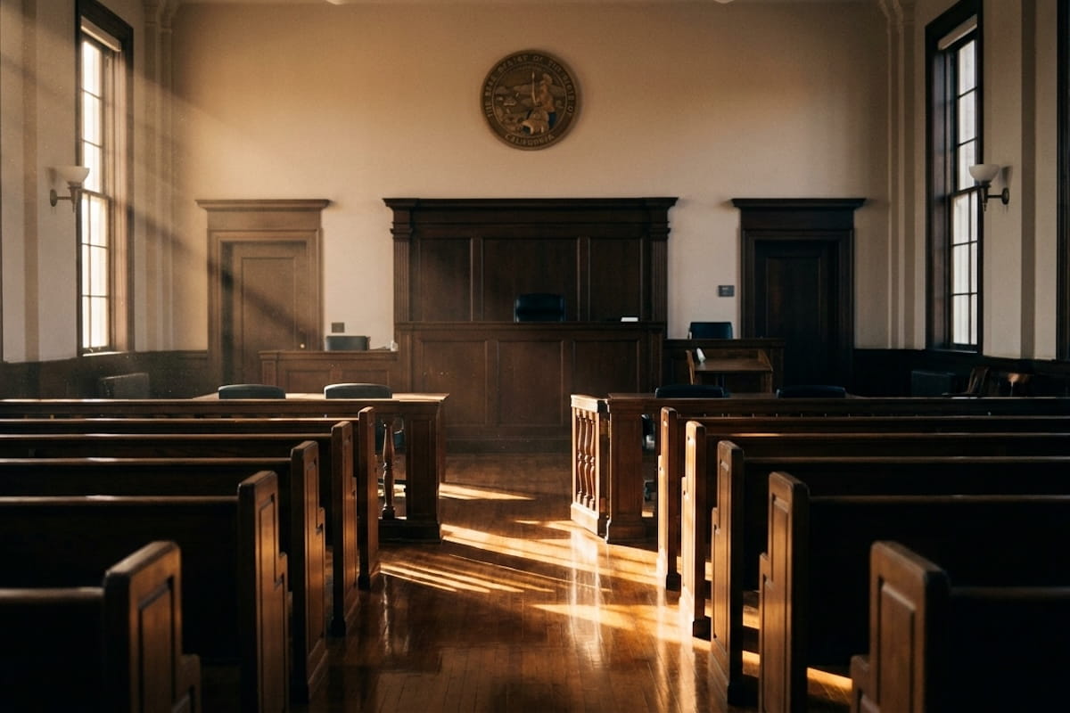 An empty California courtroom with wooden pews, a judge's bench, and the California state seal mounted on the wall, with warm sunlight streaming through tall windows onto the hardwood floor.
