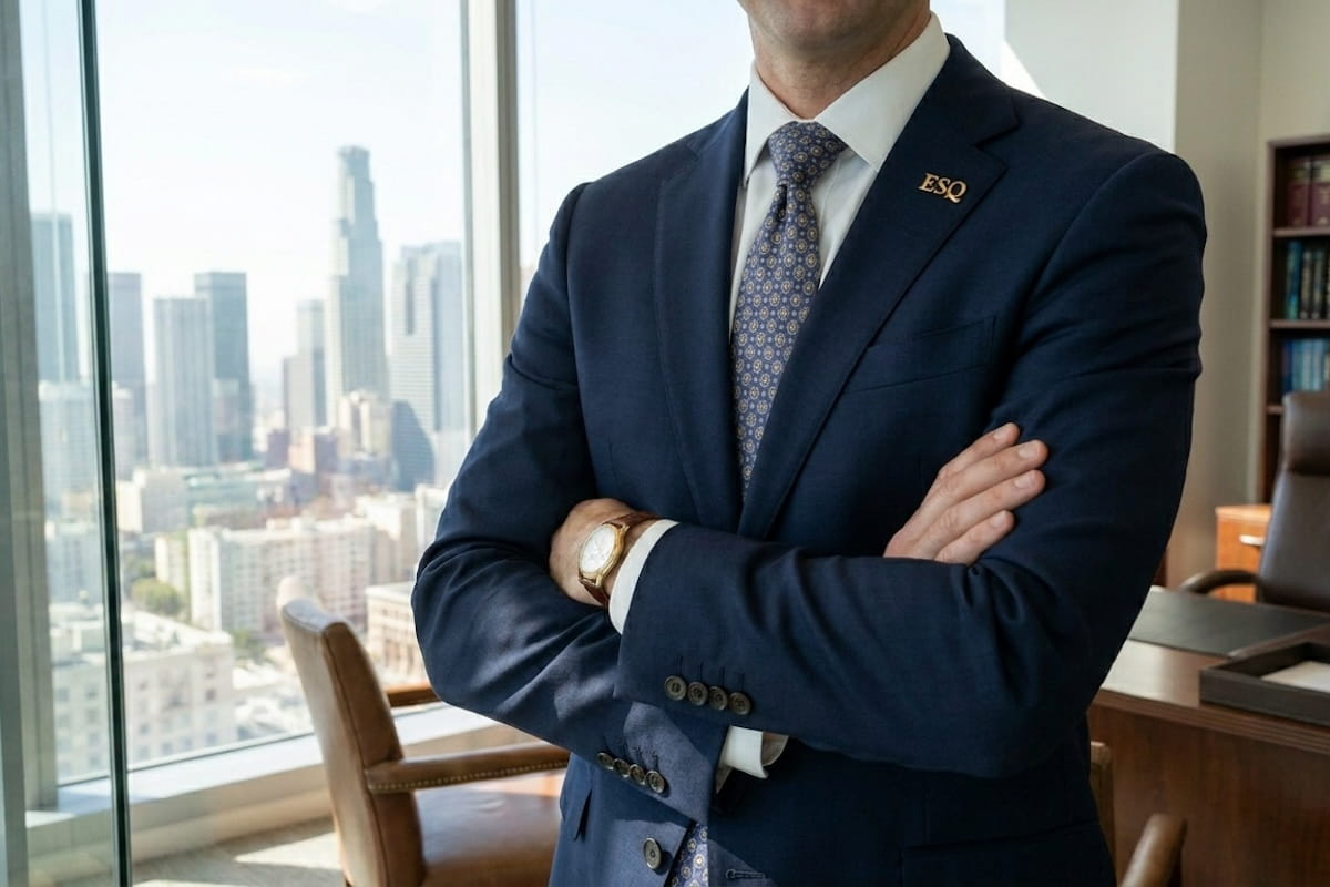 Los Angeles personal injury lawyer standing confidently in office with city skyline representing how a personal injury lawyer works in Los Angeles