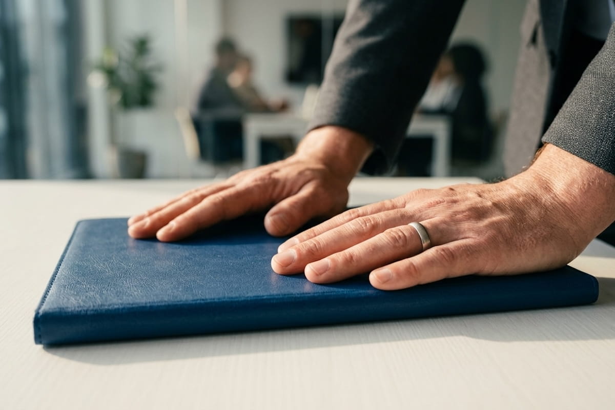 Business professional leaning over a table with hands on a blue leather folder in a professional office setting