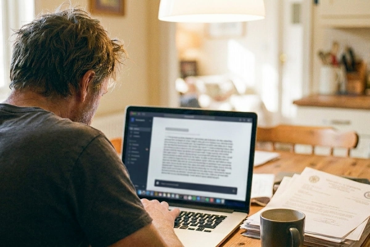 A man sitting at a kitchen table reviewing a document on his laptop with a stack of official papers and a coffee mug beside him, suggesting he is navigating paperwork following an accident or injury.