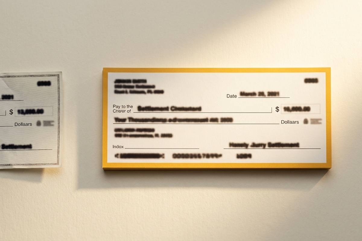 A framed settlement check with a gold border mounted on a wall alongside a second framed check, both with personal and financial details blurred, representing personal injury settlement results.