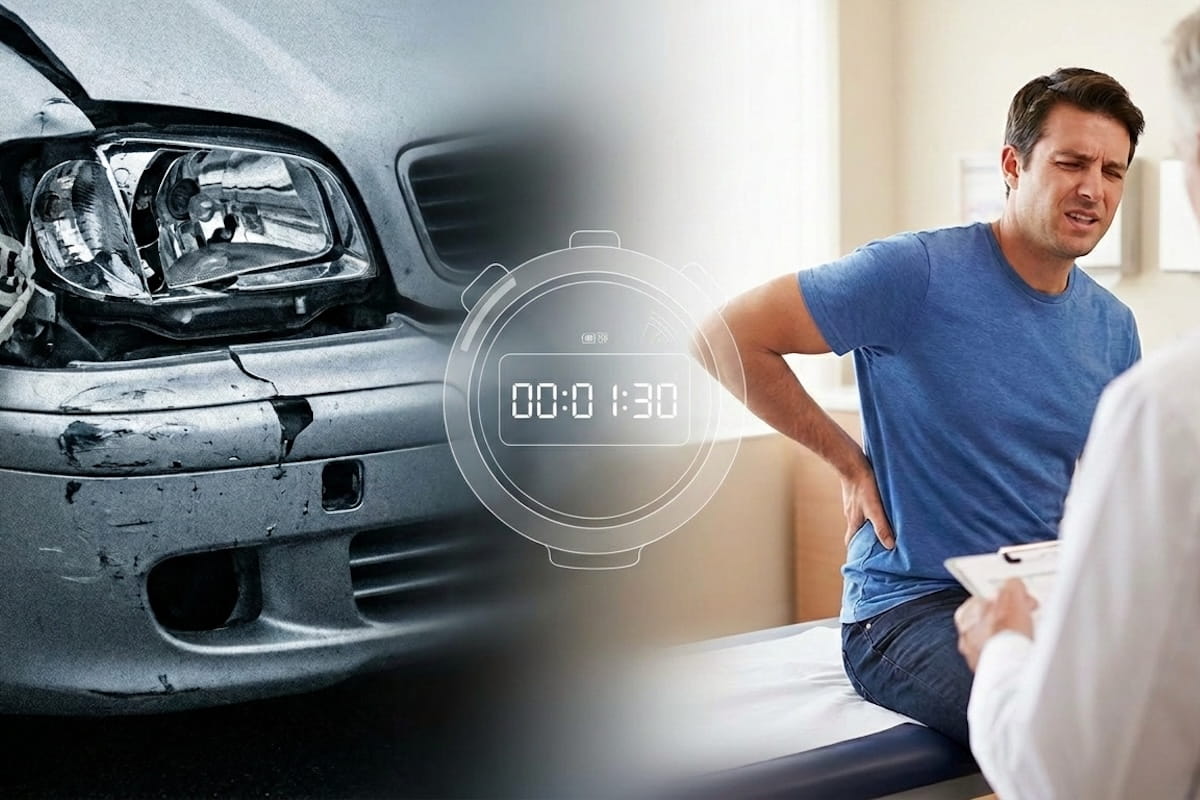 A split image showing a damaged car with a crushed front bumper on the left and a man holding his lower back in pain during a medical consultation on the right, with a stopwatch graphic in the center displaying 1 hour and 30 minutes, representing the critical window for seeking medical attention after a car accident.