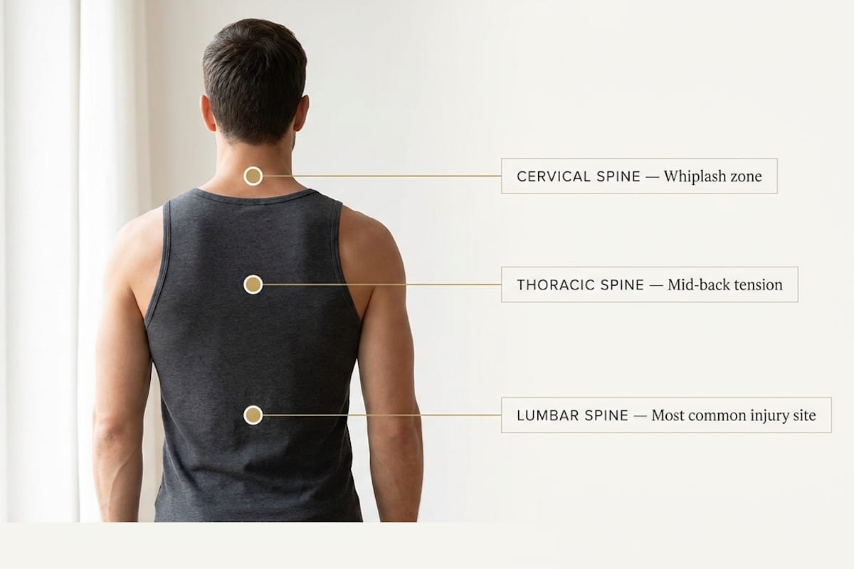 An anatomical diagram showing the back of a man in a dark tank top with three labeled spinal injury zones: the cervical spine identified as the whiplash zone, the thoracic spine identified as the mid-back tension area, and the lumbar spine identified as the most common injury site after a car accident.