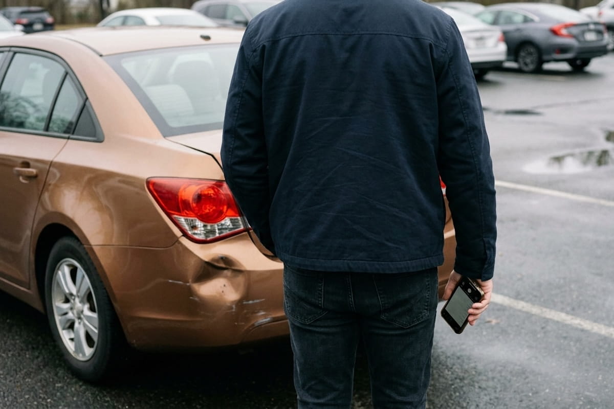 A person standing with their back to the camera holding a smartphone while assessing rear-end damage on a gold sedan in a parking lot, with other vehicles visible in the background.