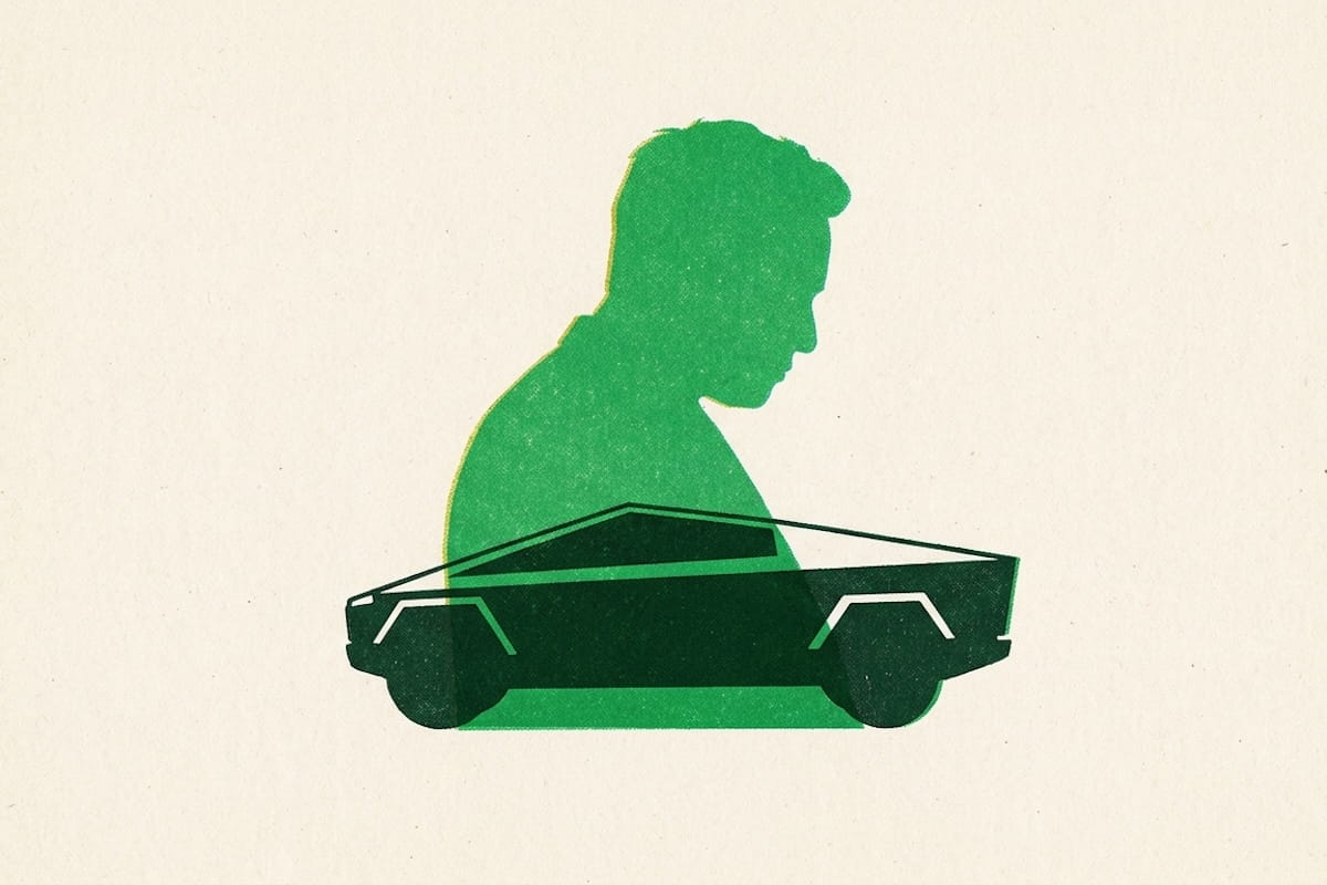 Green illustrated silhouette of a person overlaid with a Tesla Cybercab vehicle illustration on a cream background