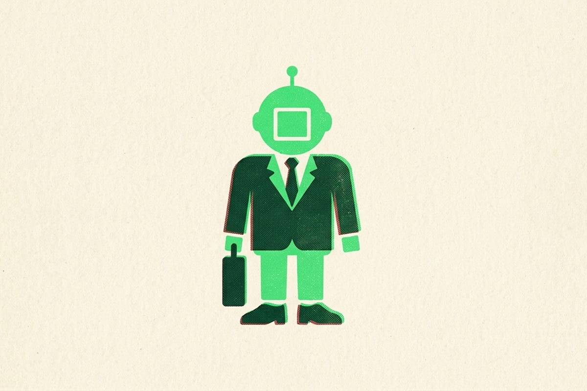 A retro-style illustration of a green robot dressed in a dark business suit and tie, holding a briefcase, representing the use of artificial intelligence in a legal or professional context.
