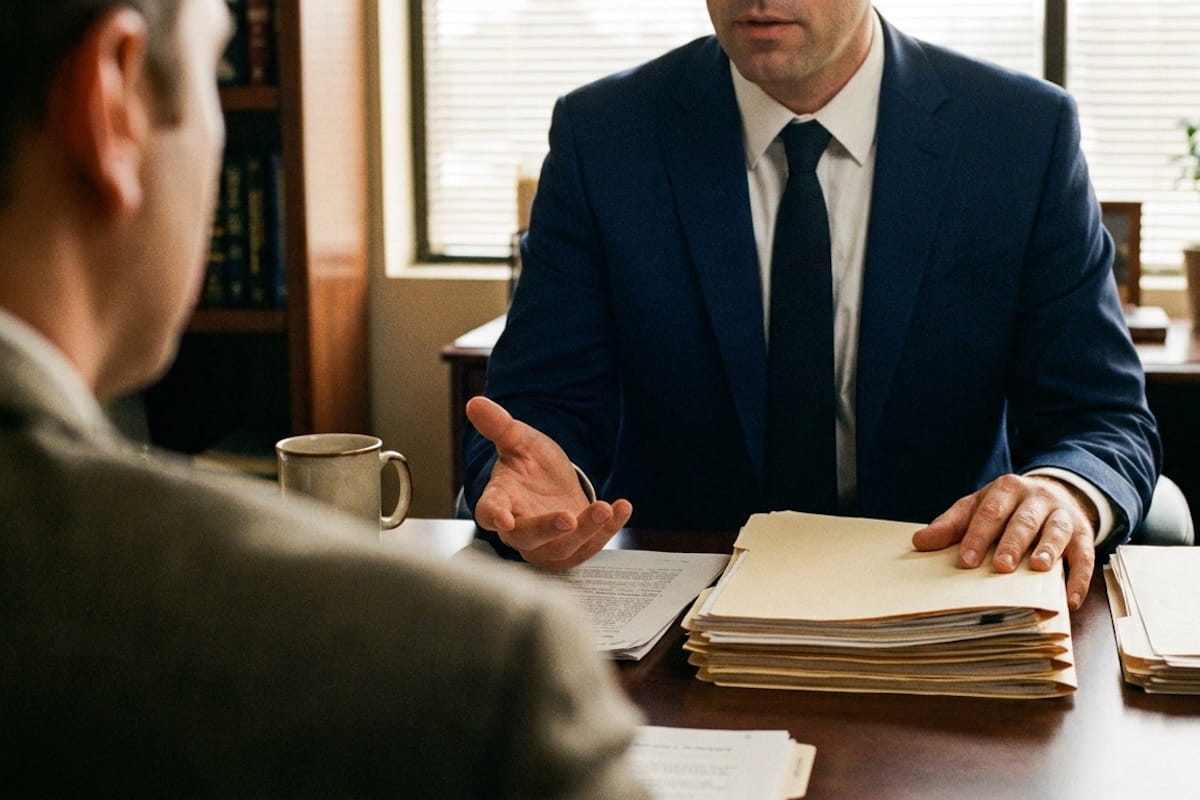 A attorney in a navy suit gestures while speaking to a client across a desk stacked with case files and legal documents, with a coffee mug and law books visible in the background.