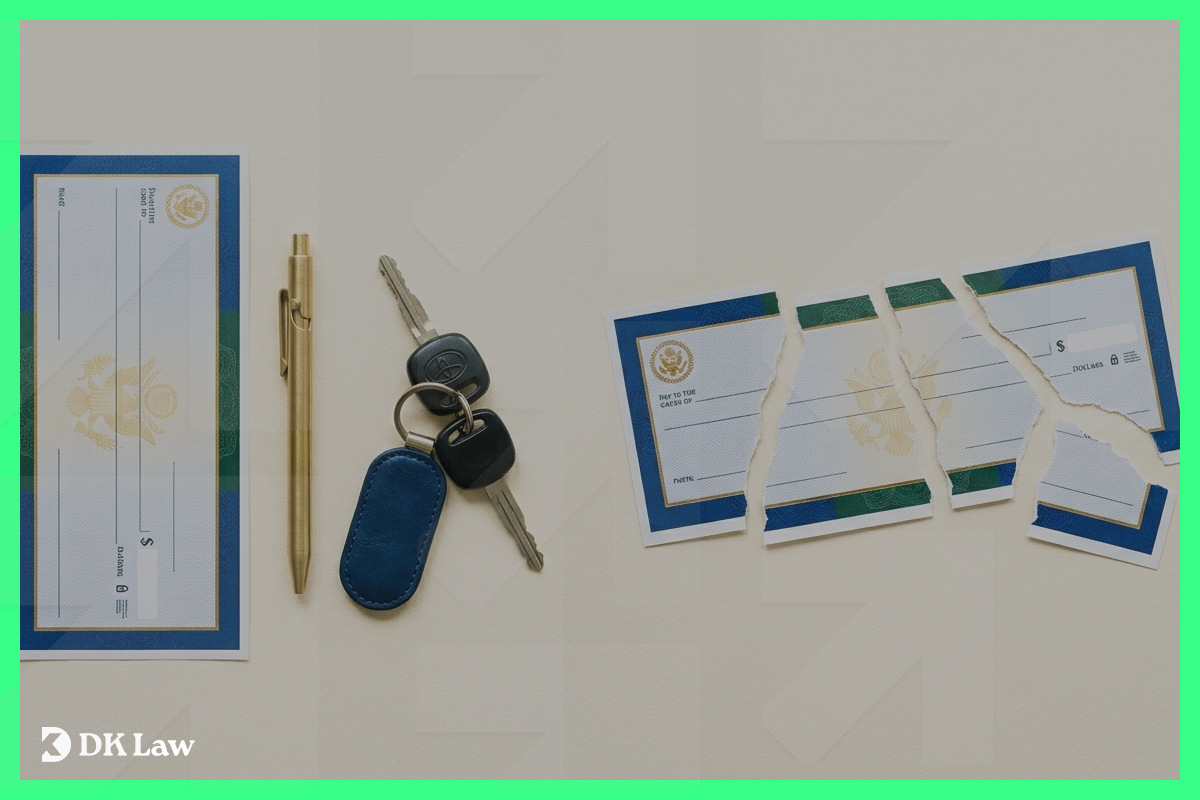 Car keys, a pen, and a torn check next to a whole check, representing car accident lawyer fees in California