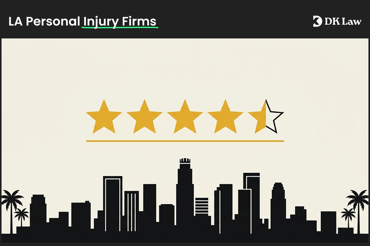 Graphic featuring a four and a half star rating above the Los Angeles city skyline silhouette, illustrating a comparison of LA personal injury firms.