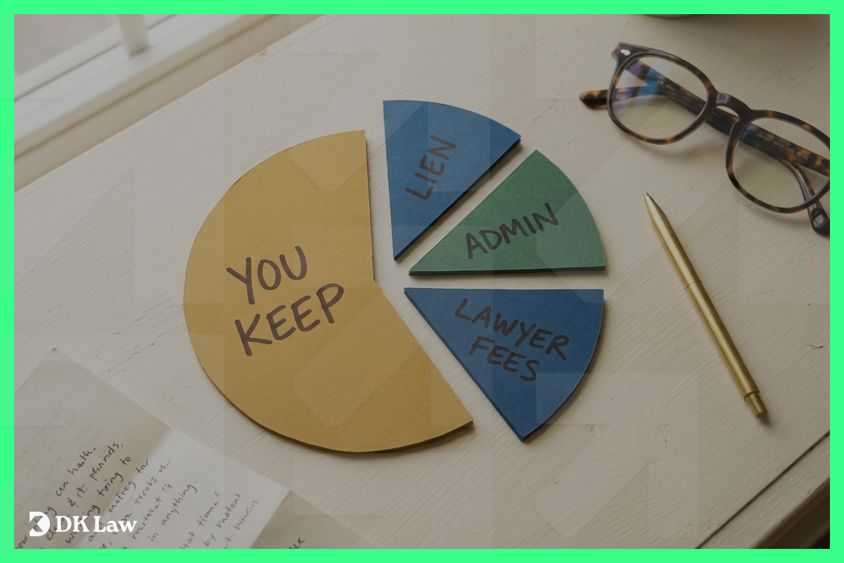 Paper pie chart on a desk divided into four sections labeled You Keep, Lawyer Fees, Admin, and Lien.