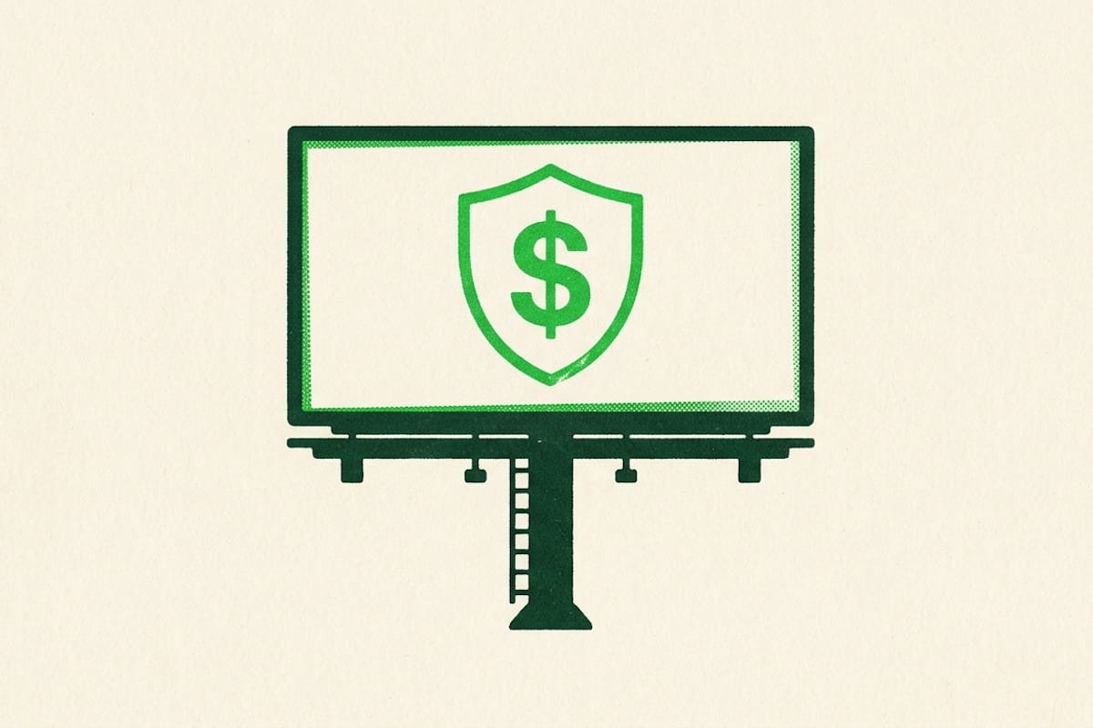 Stylized illustration of a billboard displaying a shield with a dollar sign, representing private equity investment in personal injury law firms in California.