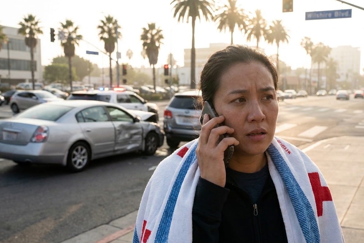 A woman wrapped in a Red Cross blanket makes a phone call on the street following a car accident, with two damaged vehicles and police lights visible in the background.