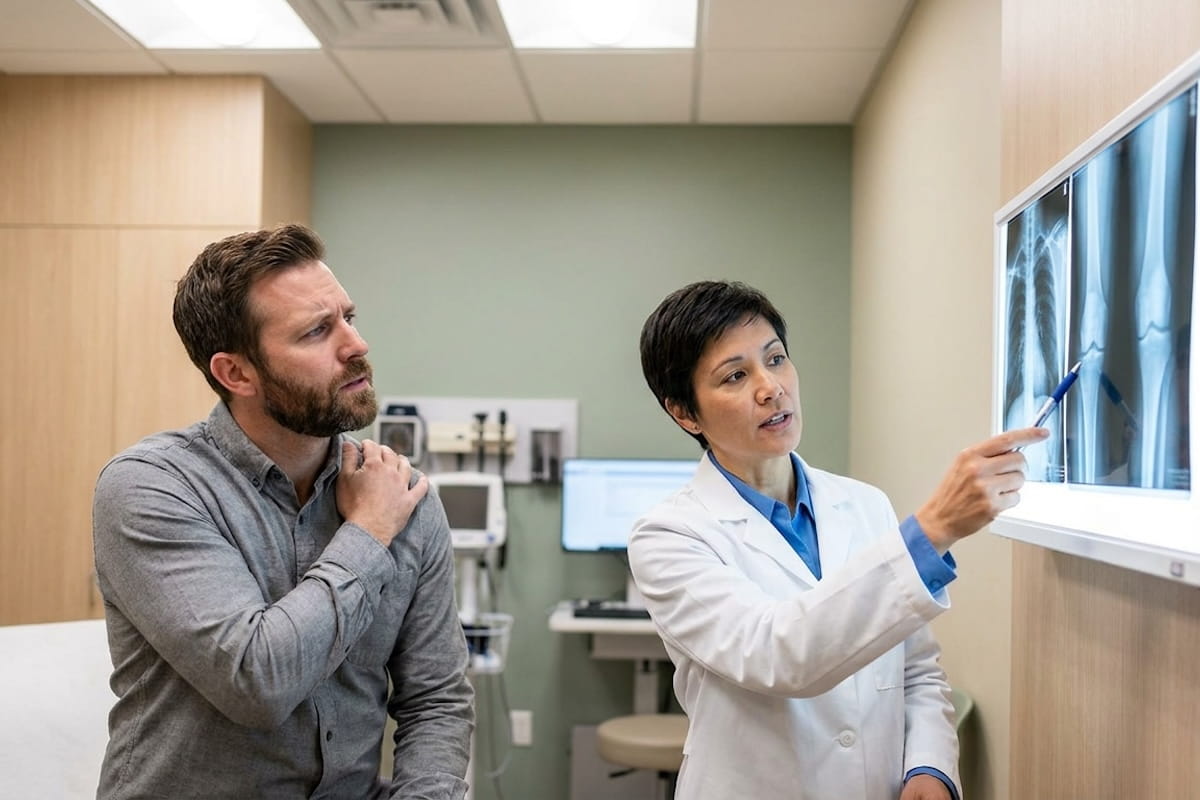 A male patient holding his shoulder in pain stands beside a female doctor in a white coat who points to X-ray images on a light board in a medical examination room.