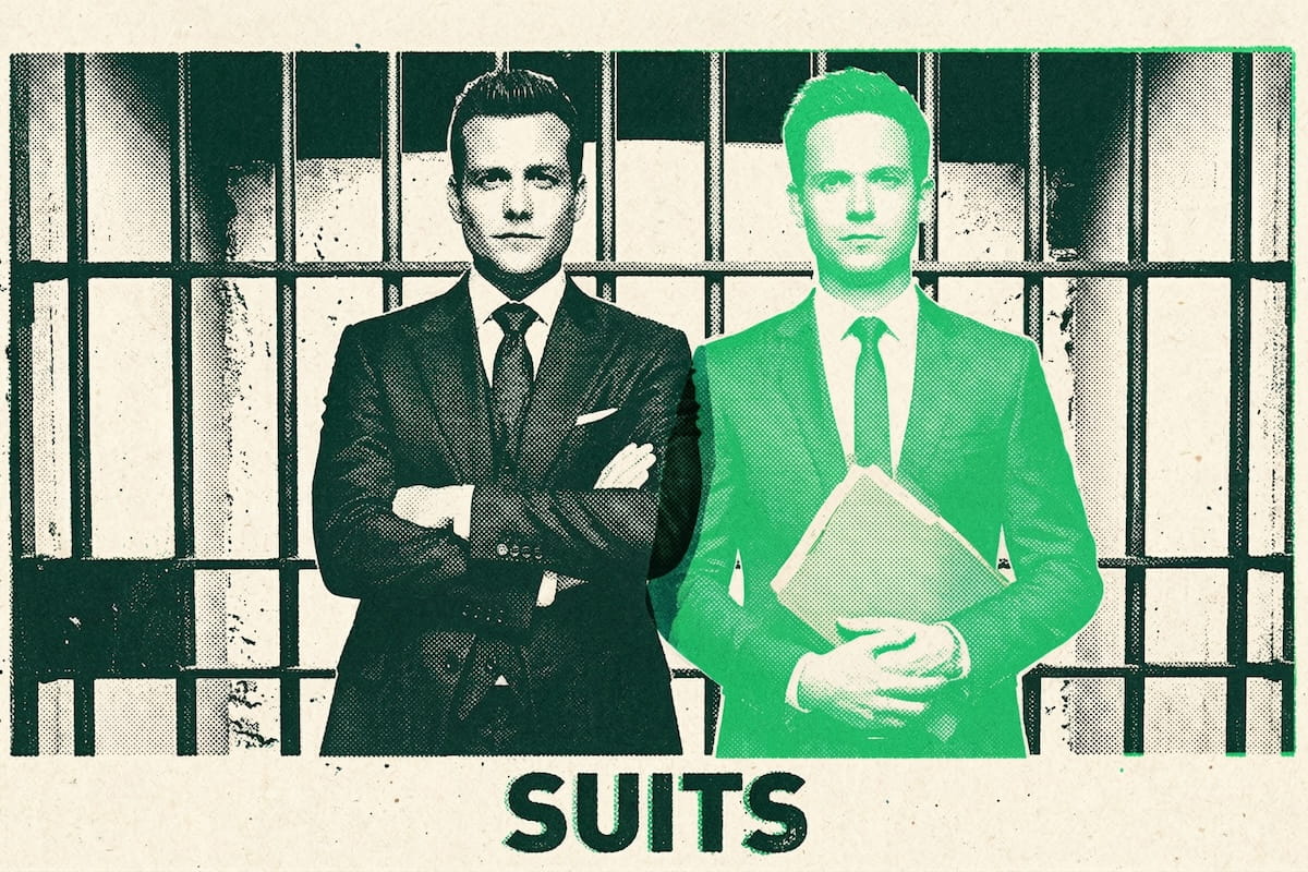 Stylized graphic of Harvey Specter (left, arms crossed, in a dark suit) and Mike Ross (right, in a green-tinted suit holding a folder) from the TV show Suits.