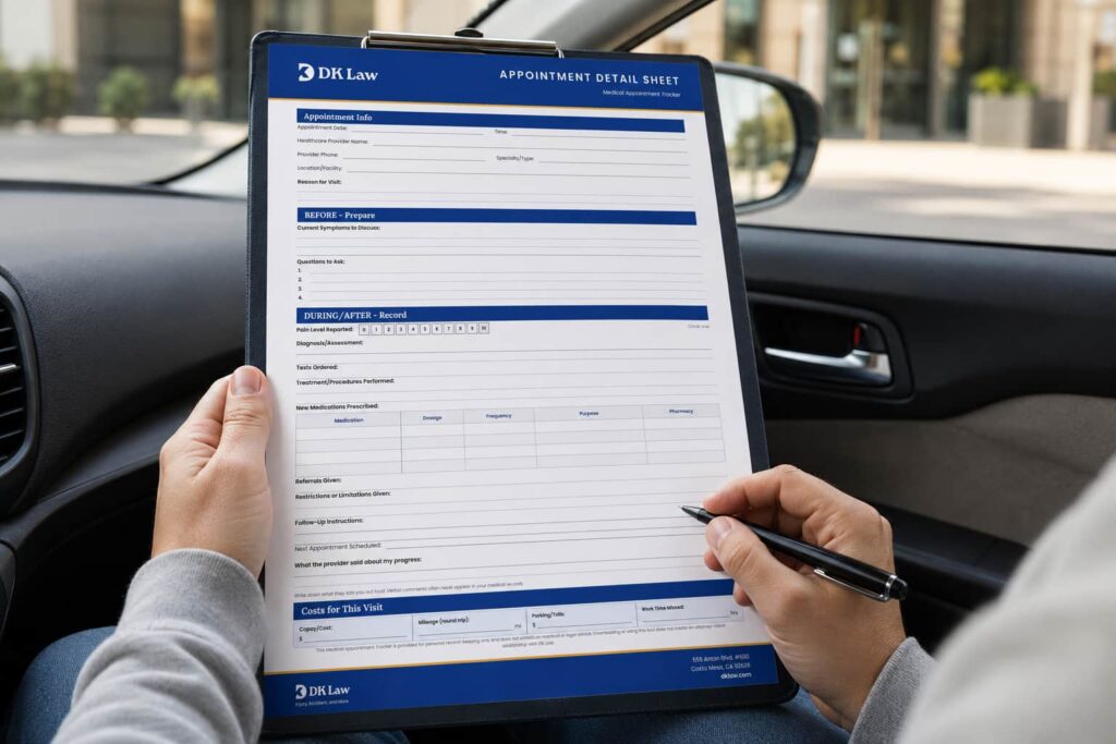 Person completing the DK Law Medical Appointment Tracker on a clipboard while sitting in a parked car outside a clinic.