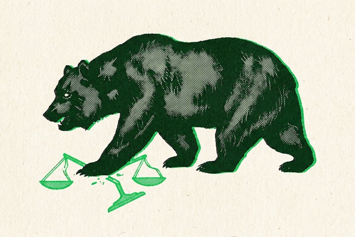 Illustrated graphic of the California grizzly bear stepping on and breaking a scale of justice, representing the state's outsized influence over injury liability and legal outcomes in California's 2026 budget.