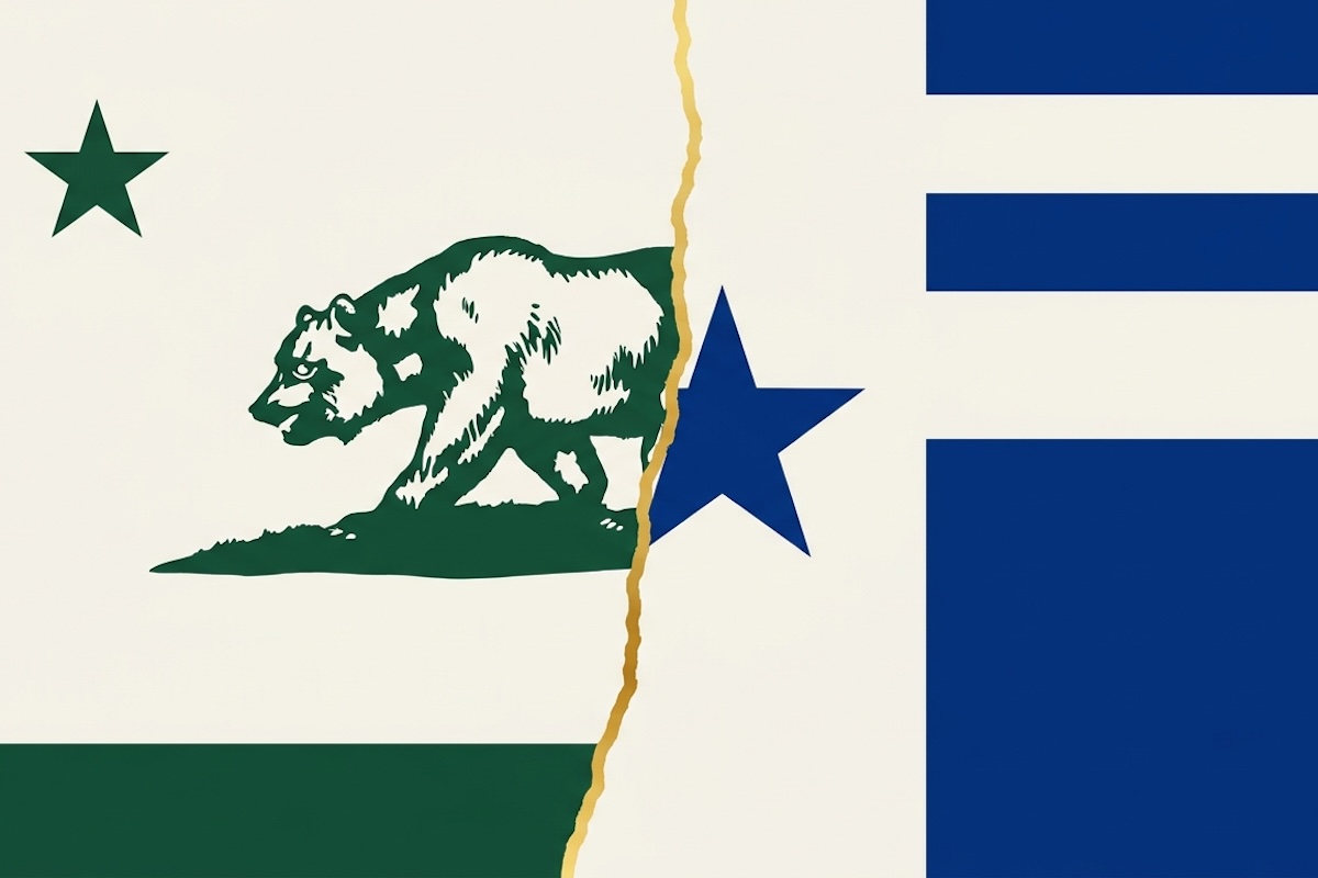 A split graphic showing California's bear flag on the left and Texas's star and stripes on the right.