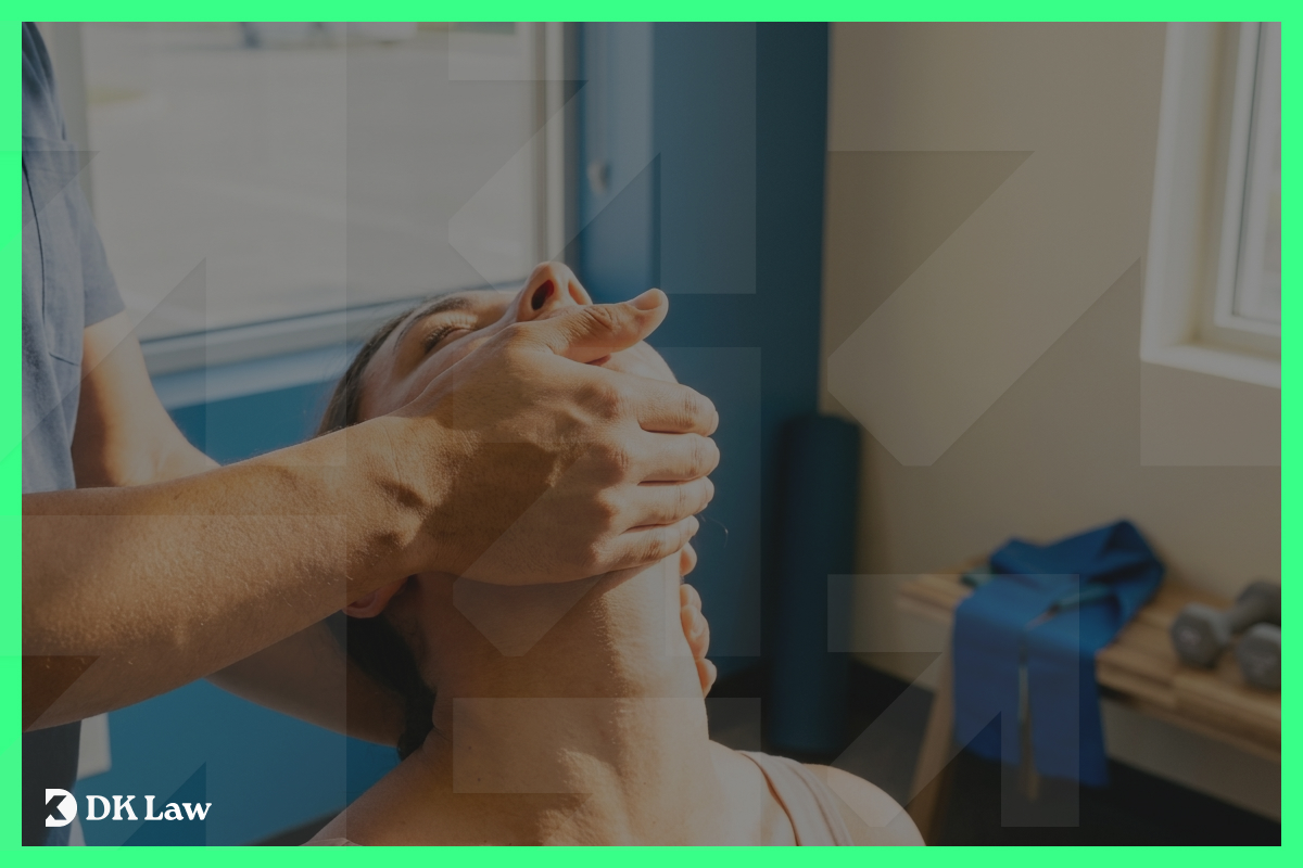 A physical therapist gently examining a patient's neck during a whiplash treatment session.