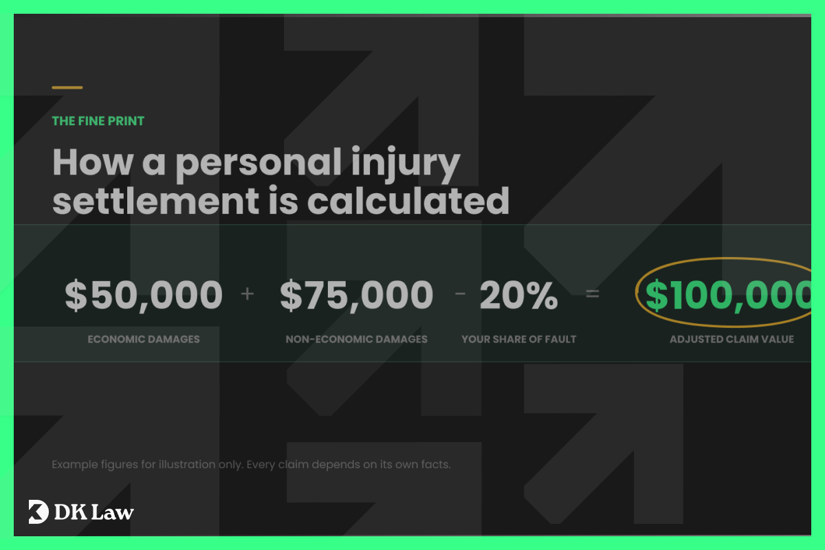Graphic showing personal injury settlement calculation: $50,000 economic damages plus $75,000 non-economic damages minus 20% shared fault equals $100,000 adjusted claim value.