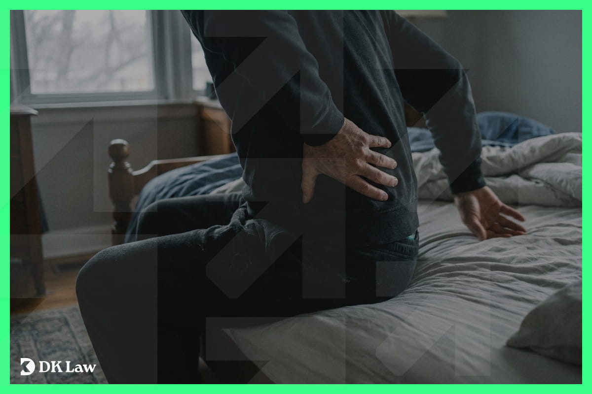 A person sitting on the edge of a bed holding their lower back in pain, representing delayed back pain symptoms commonly experienced after a rear-end car accident.