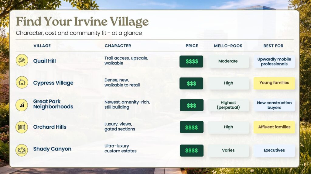 Comparison of Quail Hill, Cypress Village, Great Park Neighborhoods, Orchard Hills and Shady Canyon by character, price, Mello-Roos and ideal residents.