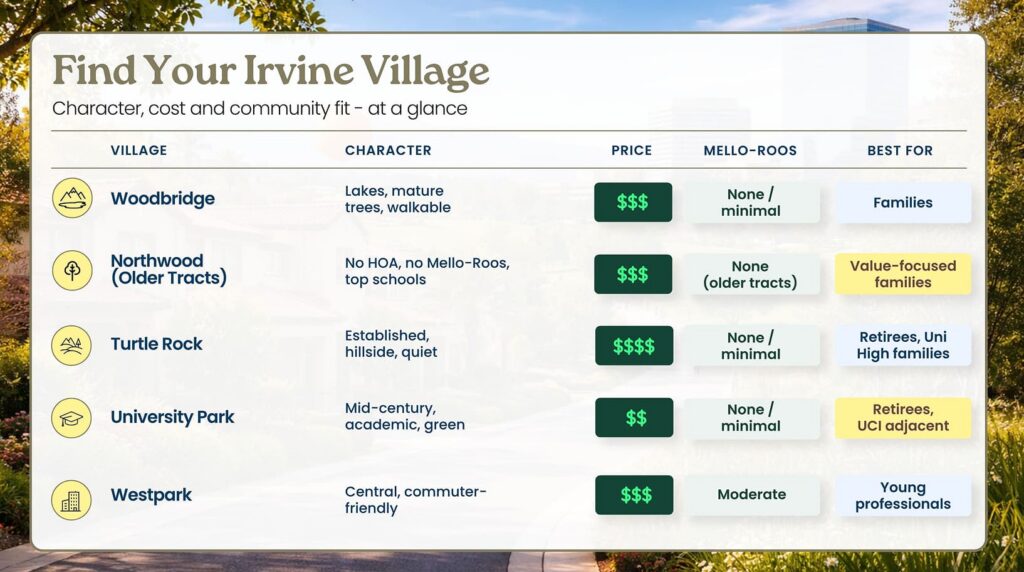 Comparison of Woodbridge, Northwood, Turtle Rock, University Park and Westpark by character, price, Mello-Roos and ideal residents.