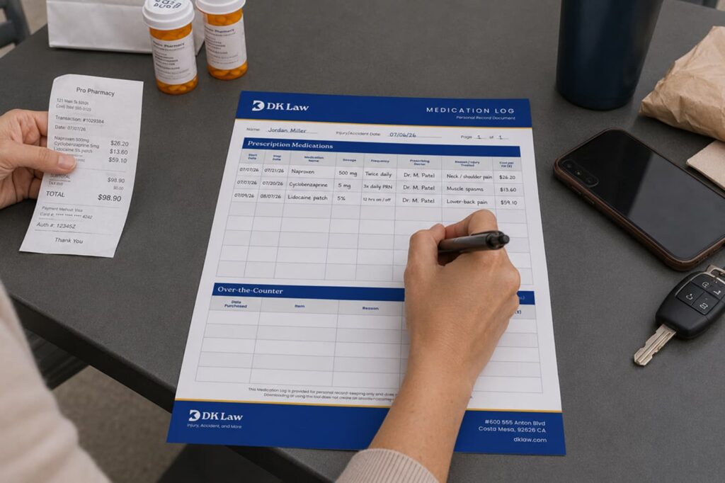 an individual filling out the DK Law Medication Log Document