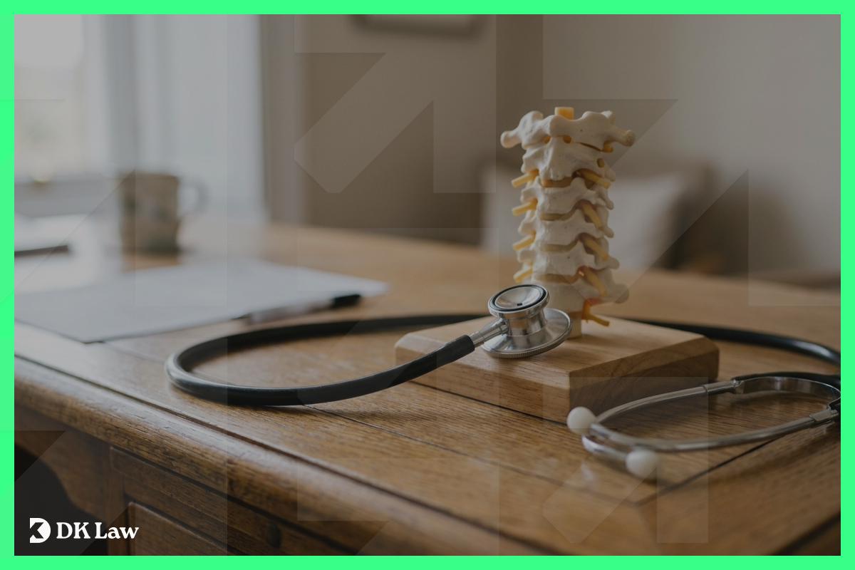 A stethoscope and anatomical spine model on a wooden desk in a medical office, representing the evaluation and treatment of spinal injuries after a car accident