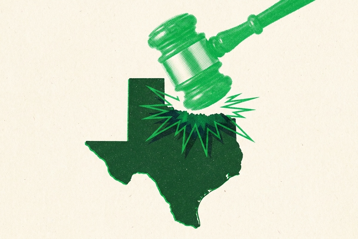 An illustrated gavel striking the outline of Texas, with a starburst impact effect in green.