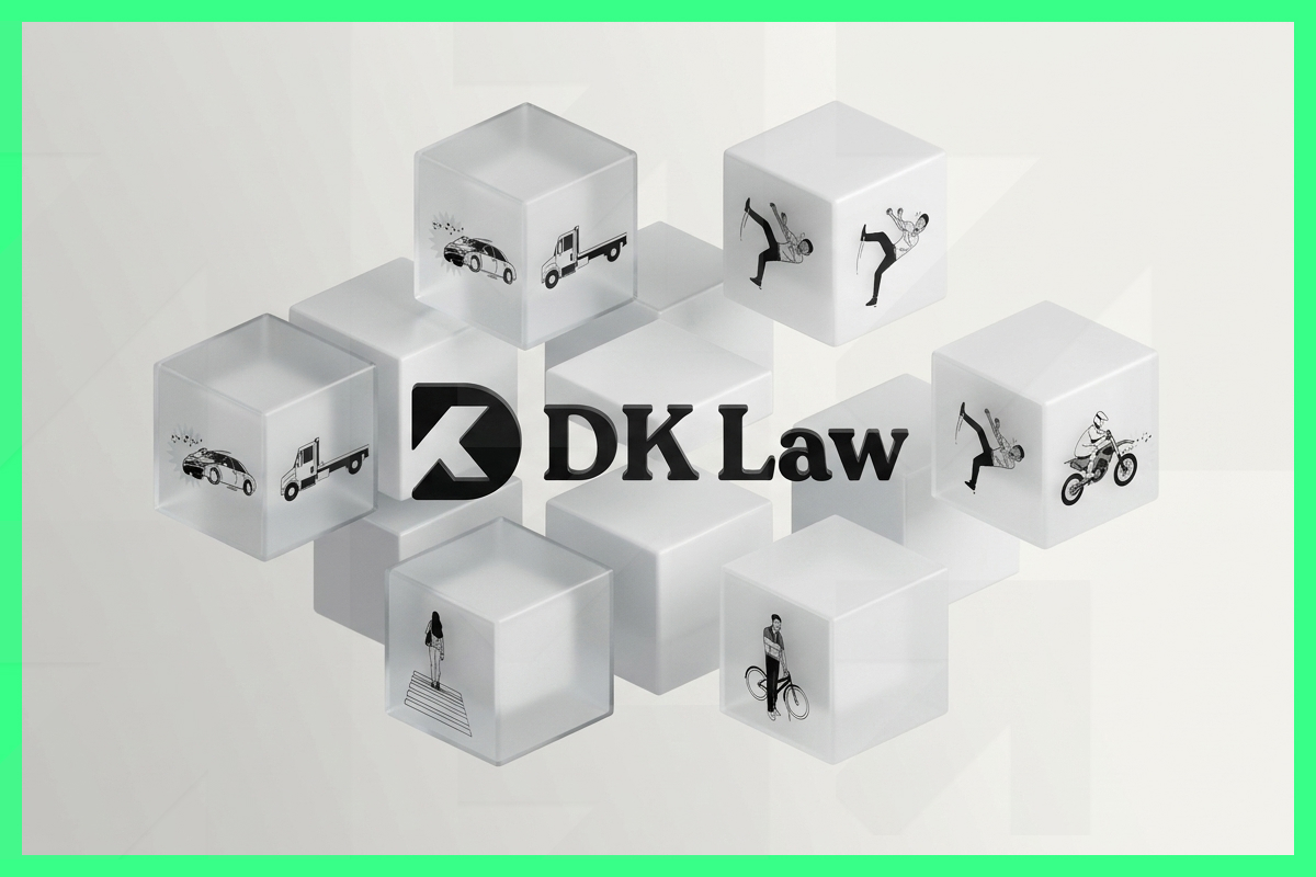 A grid of illustrated 3D cubes showing various personal injury case types handled by DK Law, including car accidents, truck crashes, and slip-and-falls