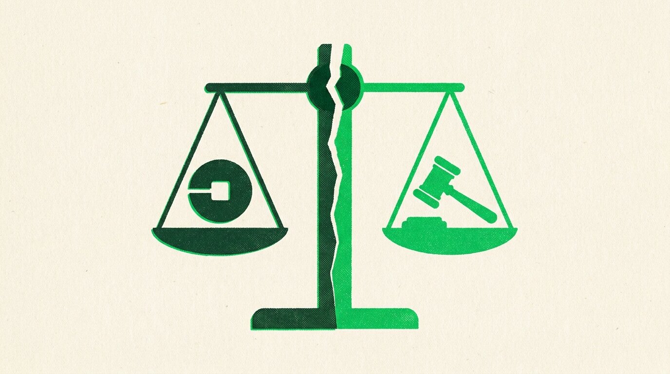 Illustrated graphic of a cracked balance scale with the Uber logo on one side and a legal gavel on the other, representing the legal tension between Uber and personal injury lawyers over California's proposed ballot measure