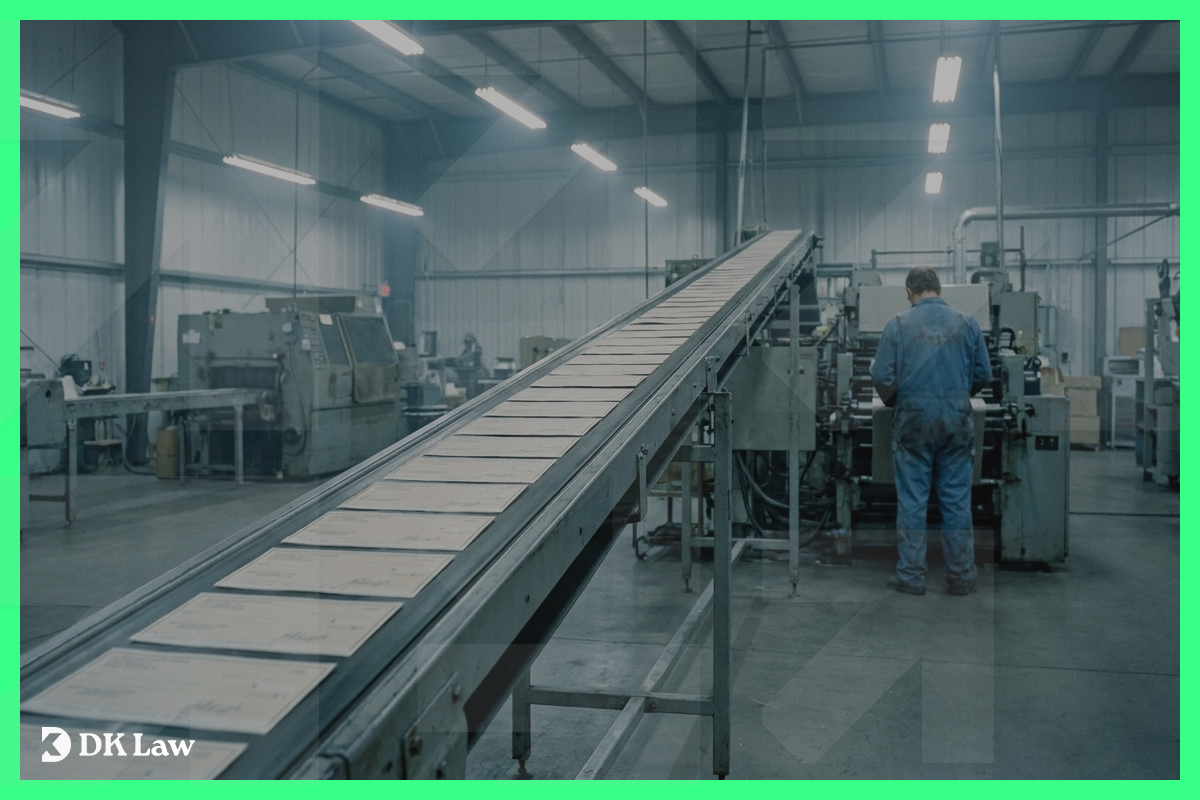 A worker standing at the end of a long industrial conveyor belt in a large factory warehouse, used to illustrate the high-volume assembly line model associated with settlement mill law firms