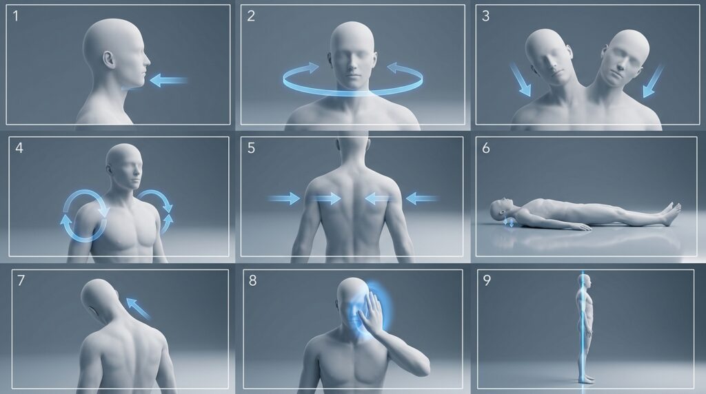 A 3D illustrated chart showing nine numbered whiplash recovery exercises, including neck rotations, shoulder rolls, and posture stretches.