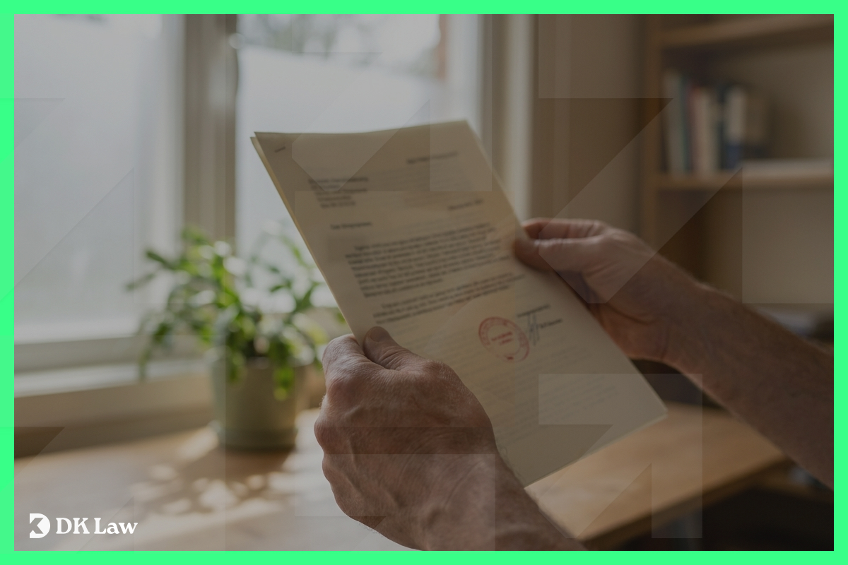 A person reviewing a denied insurance claim letter at a wooden table near a window.