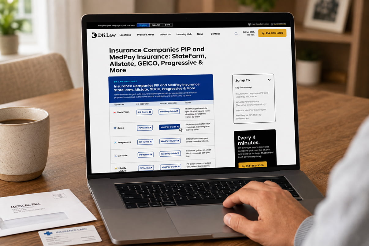 Person at home researching PIP and MedPay insurance guides on the DK Law website, with a medical bill and insurance card beside the laptop.